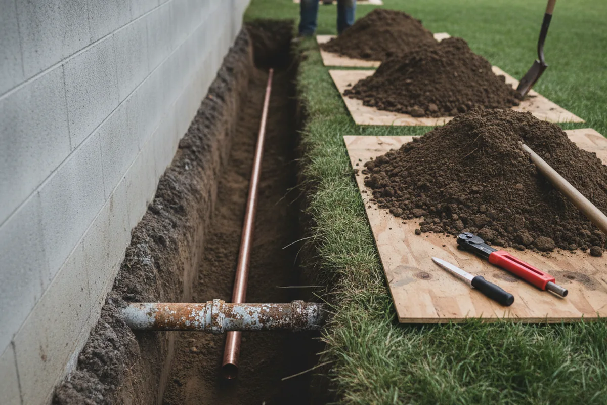 Excavated water line trench during Water Softener Installation in Stilwell
